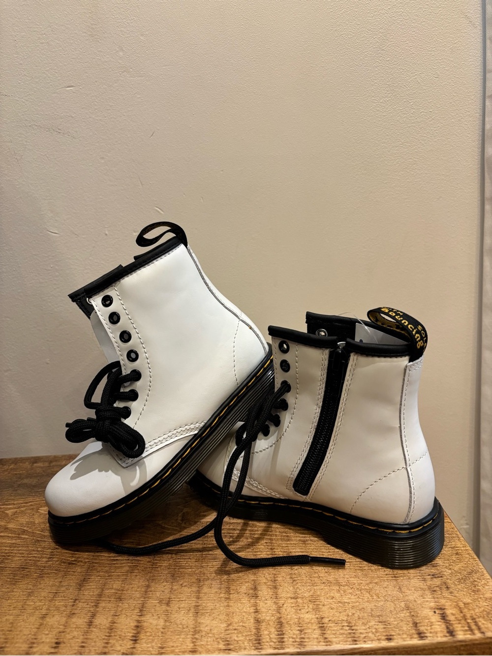 Dr. Martens Kids White Leather Lace-Up Ankle Boots with Side Zip